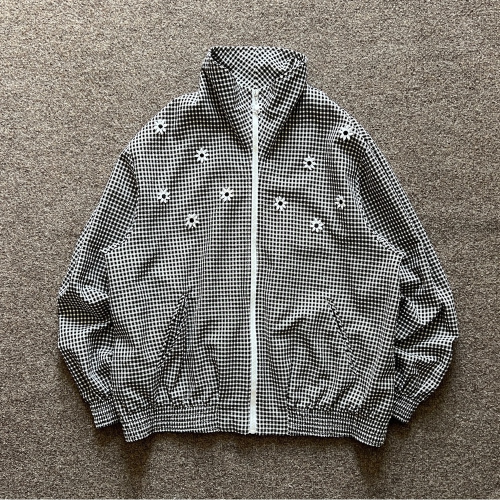 Vintage Zip Up Bomber Jacket Black White Gingham Flowers Lightweight Womens 10 - Picture 4 of 13